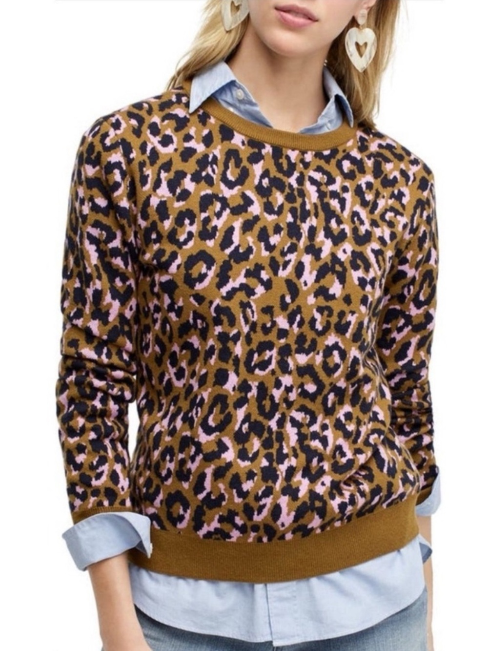 J.Crew Leopard Merino Wool Sweater Pink Olive Animal Print Size Small